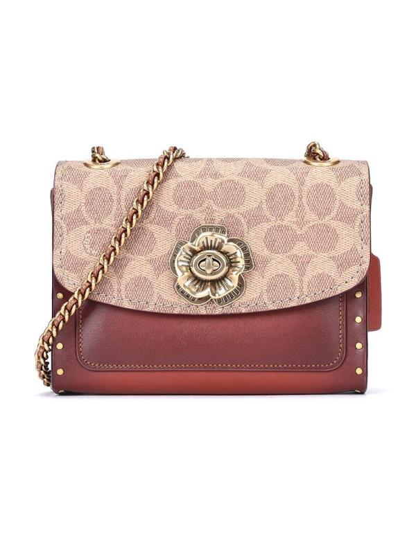 coach蔻驰奢侈品女士涂层帆布配皮铆钉山茶花parker18单肩包斜挎包