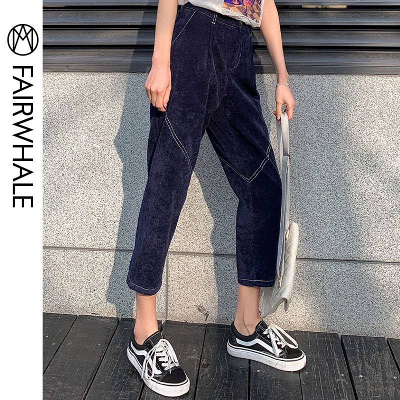 马克华菲女装2020春新款休闲裤九分裤萝卜裤女复古绒面裤子