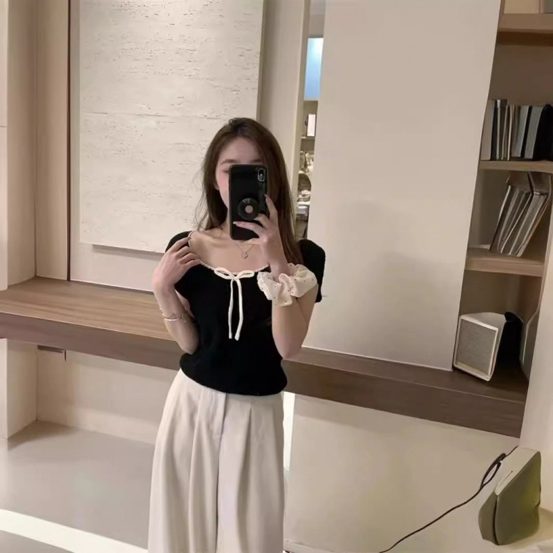 纯欲辣妹减龄蝴蝶结撞色短袖针织T恤女夏季新款显瘦短款上衣