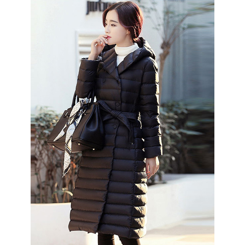 丝柏舍2019冬装女装时尚修身连帽细条纹长款纯色羽绒服036866