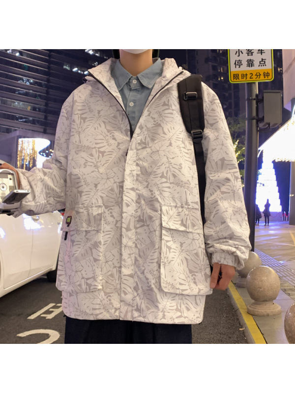 2024春秋季日系男士夹克纯色复古冲锋衣拉链口袋连帽休闲夹克男