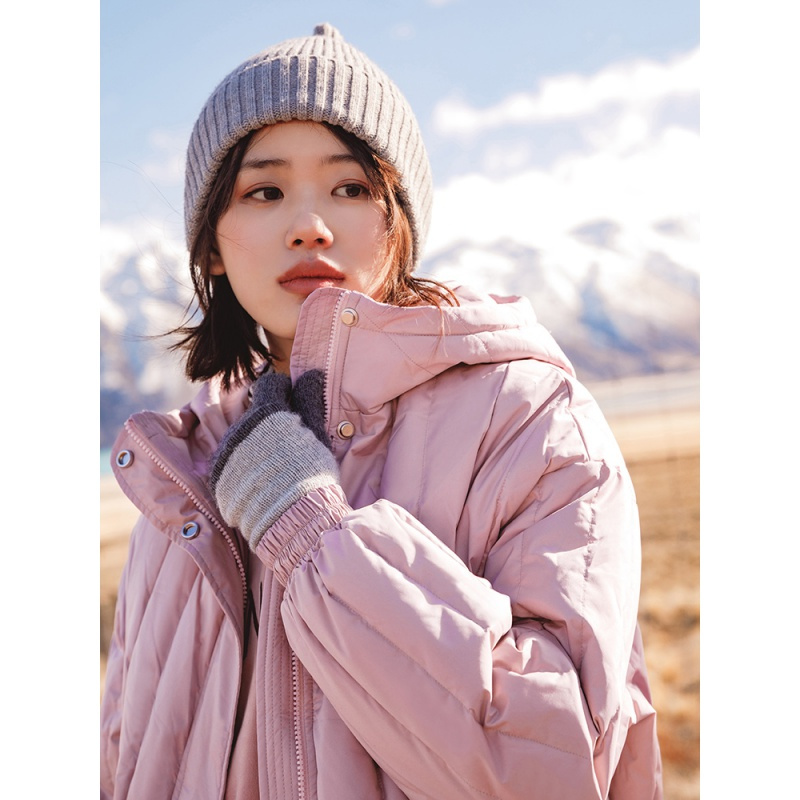 茵曼秋冬时尚减龄少女宽松保暖连帽粉色短款羽绒服女面包服外套潮