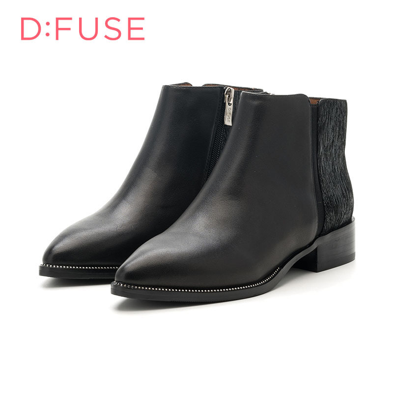 D：Fuse/迪芙斯秋冬尖头拉链沿边粗跟低跟短靴女鞋DF64117346_Vlw82