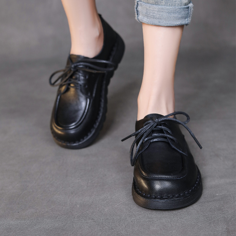 真皮软底单鞋复古擦色手工女鞋春季新款平跟系带圆头百搭女鞋