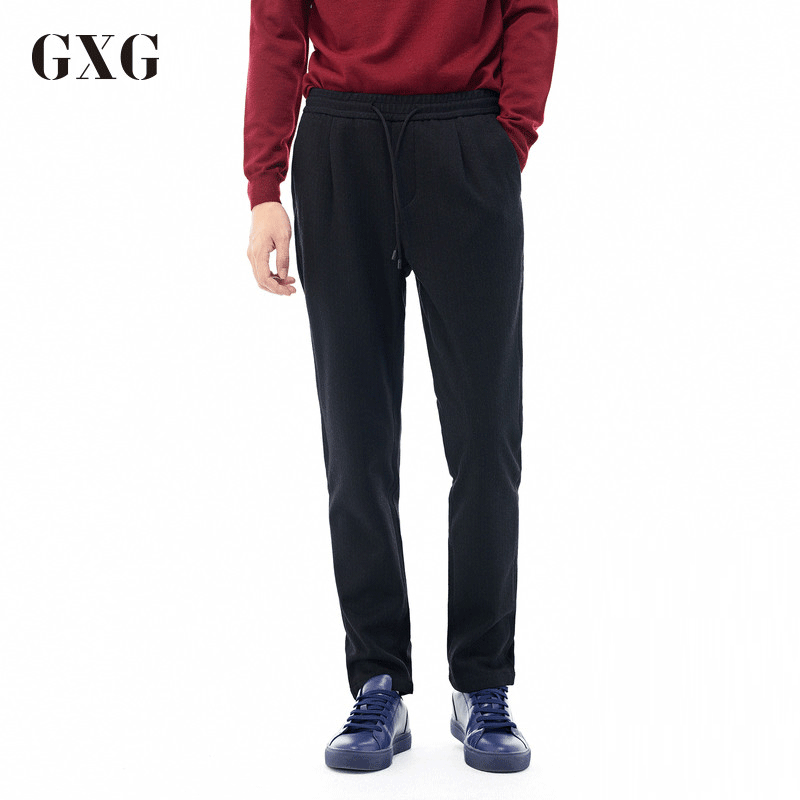 GXG休闲裤男装春季男士修身时尚流行黑底蓝条长裤男
