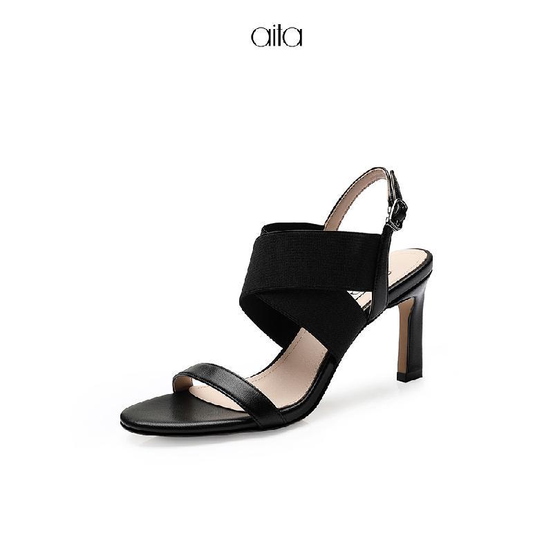 aita艾塔 夏季新款圆头晚晚鞋交叉宽带高跟鞋女细跟露趾凉鞋