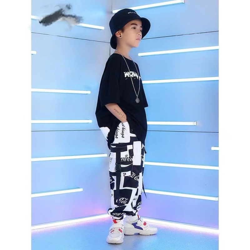 中大童街舞套装男童嘻哈潮服男孩潮童帅气短袖长裤休闲两件套