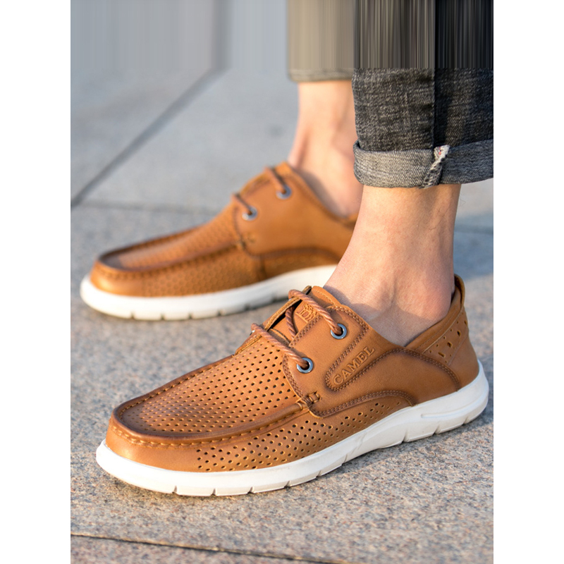 camel骆驼男鞋2018夏季新款透气镂空休闲皮鞋牛皮软底系带皮鞋