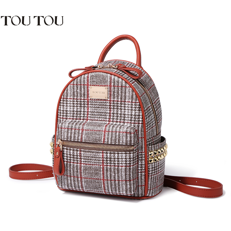 toutou2018新款英伦百搭格纹学院风迷你铆钉小背包学院风双肩包女
