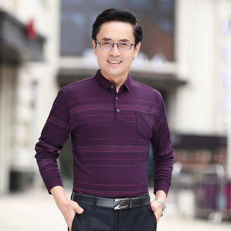 秋季真口袋商务休闲宽松版爸爸装长袖简约条纹T恤男中年polo衫