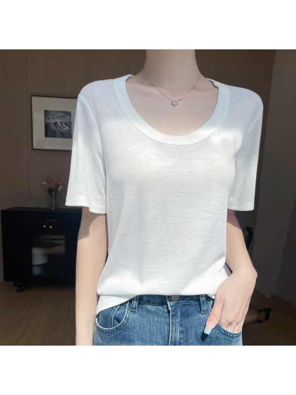 天丝莱赛尔U领针织衫短袖T恤女2025年夏季新款纯色套头宽松打底衫