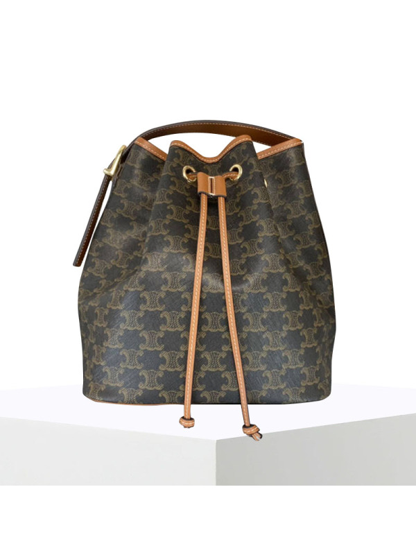 【预定】CELINE Triomphe帆布中号抽绳包 涂层帆布/牛皮革 24*27*19CM