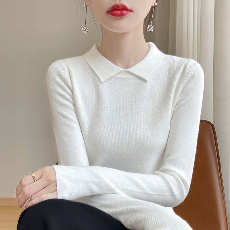 秋冬长袖针织衫女娃娃领套头打底衫新款翻领内搭修身毛衣女