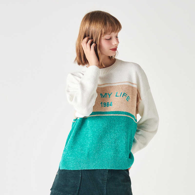 semir森马毛衫女2019冬季新款雪尼尔毛衣针织衫圆领套头提花刺绣宽松