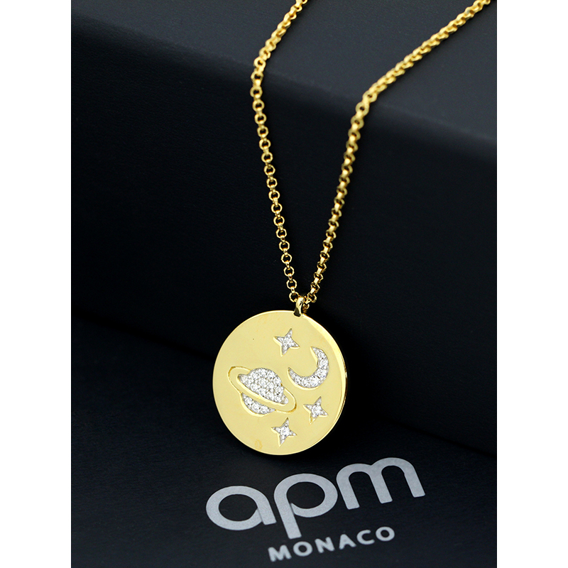 apm MONACO银河系项链复古时尚星月星球圆牌925银吊坠锁骨颈链男女通用饰品AC3873OXY