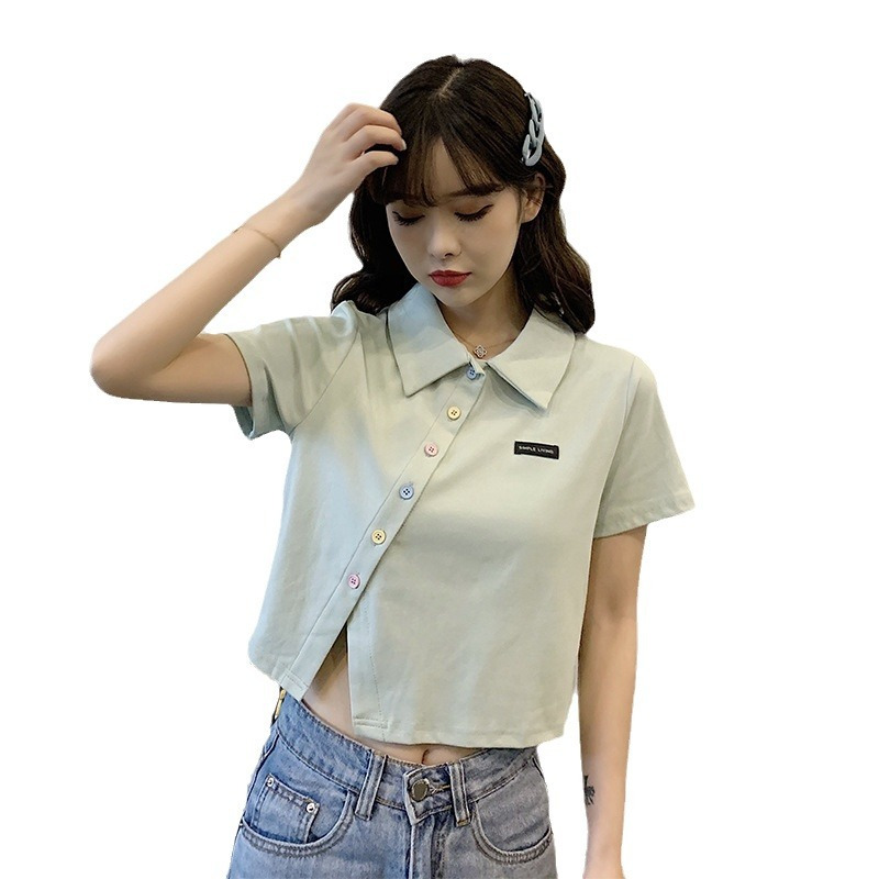 6535棉 夏季新款polo衫短袖T恤女修身高腰翻领短款学生上衣潮