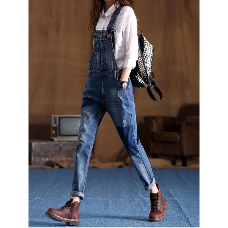 轩兹破洞牛仔背带裤女秋季新款九分裤宽松显瘦连体裤视频