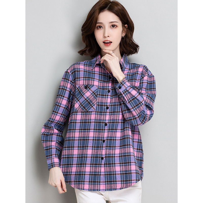 恒源祥女士衬衫2021春季新款格子衬衫女韩版长袖衬衣女装上衣视频