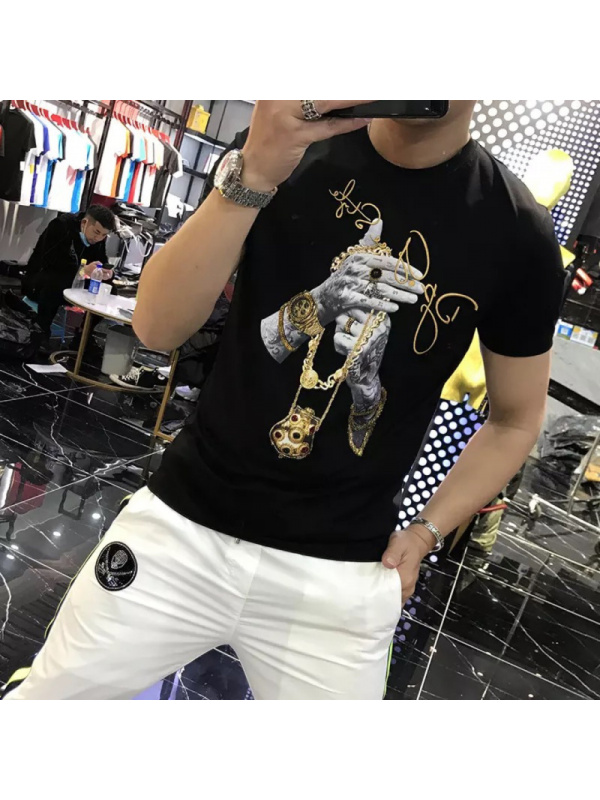 男士夏季新款个性潮流修身网红印花烫钻T恤男潮半袖潮牌