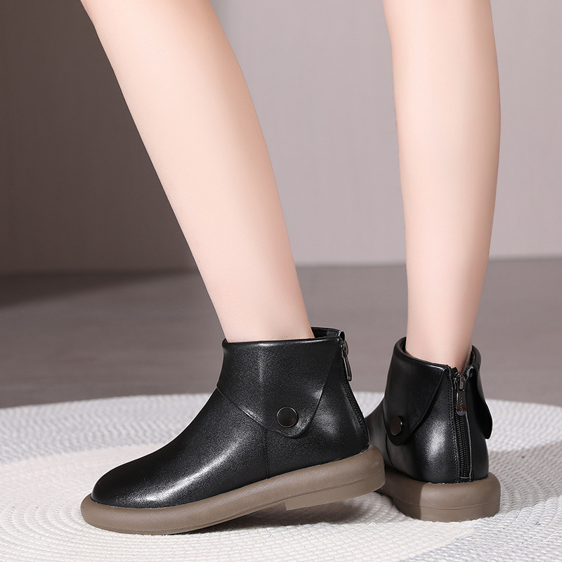 brookings复古头层牛皮短靴女休闲百搭厚底时装靴新款圆头女靴