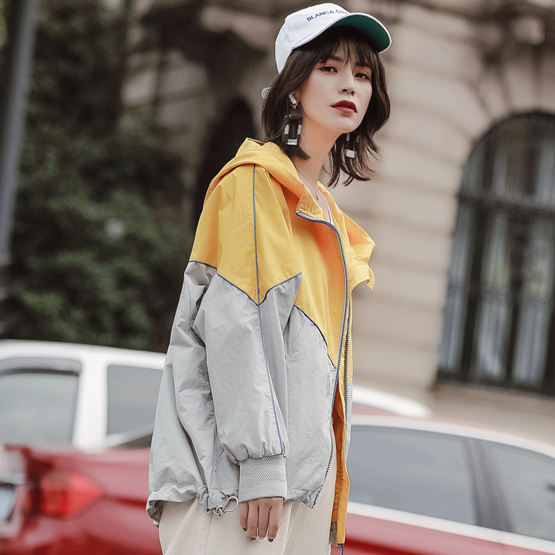 恒源祥连帽宽松风衣女短款2020春季新款工装休闲薄外套拼色校园风
