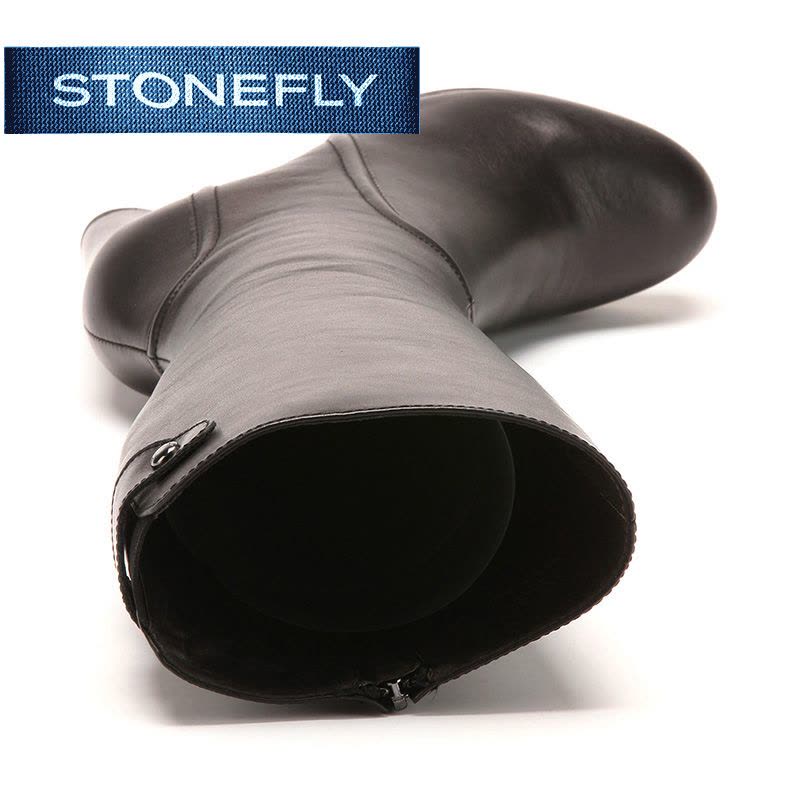 斯通富来STONEFLY冬季专柜靴牛皮高粗跟黑色瘦腿女直筒靴图片