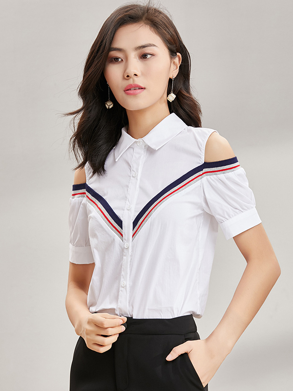夏性感露肩衬衫女韩范拼接上衣白色条纹女衬衣