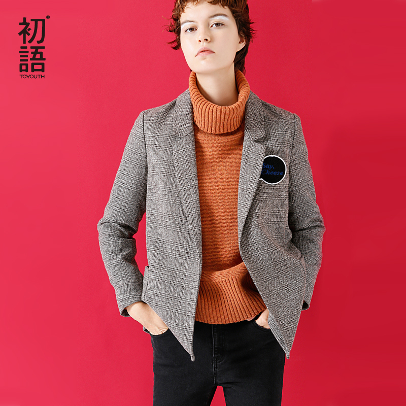 初语复古字母修身时尚格纹休闲chic西装外套女英伦风