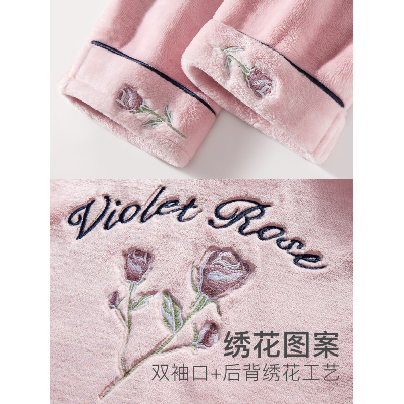 爱帝情侣加绒中厚保暖女睡衣外穿休闲长袖刺绣翻领法兰绒家居服男