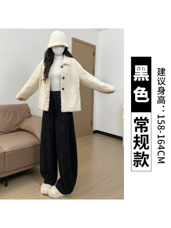 羊羔绒黑色毛呢卫裤女冬新款加绒保暖棉裤胖mm大码加厚阔腿裤