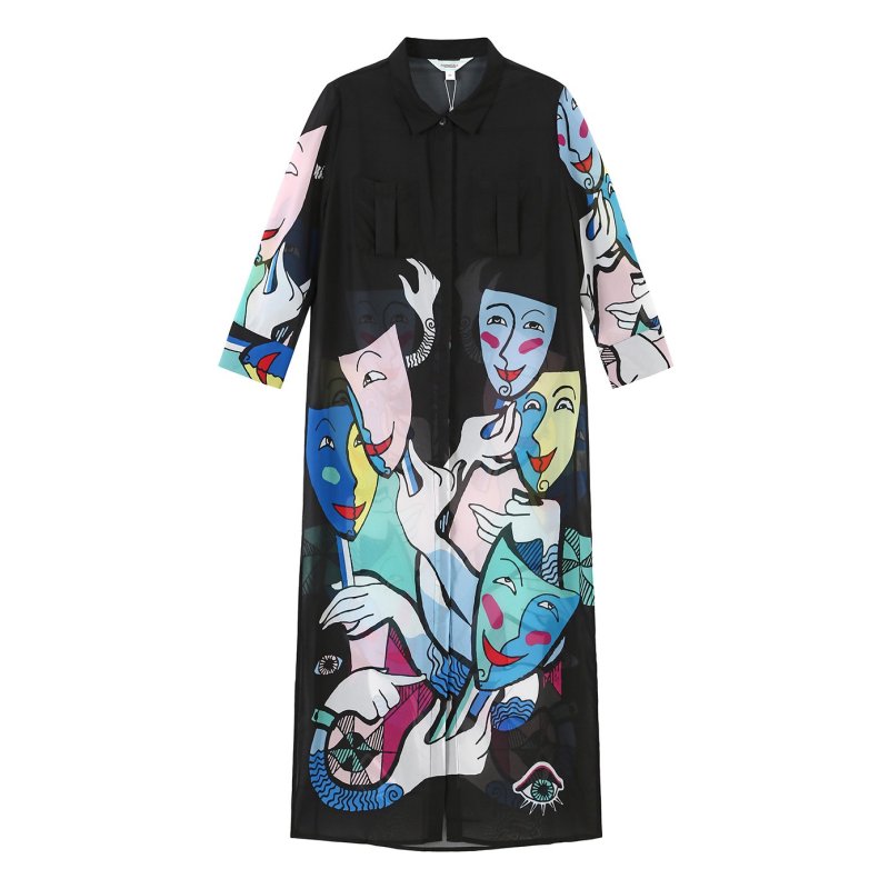 马克华菲女装2018春夏新品趣味卡通印花中长款女式衬衫