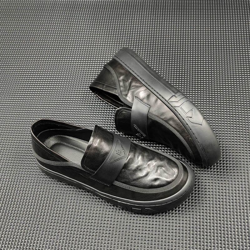 男士黑色头层牛皮休闲鞋潮流百搭欧洲站男鞋一脚蹬豆豆鞋真皮潮鞋图片