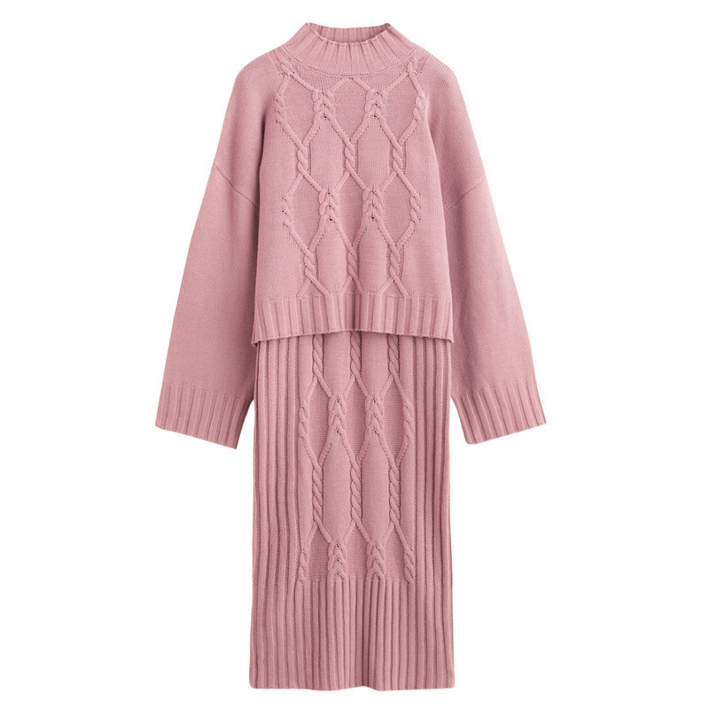 茵曼女装春秋装新款坑条菱格纹半高领毛衣裙子两件套时髦套装洋气