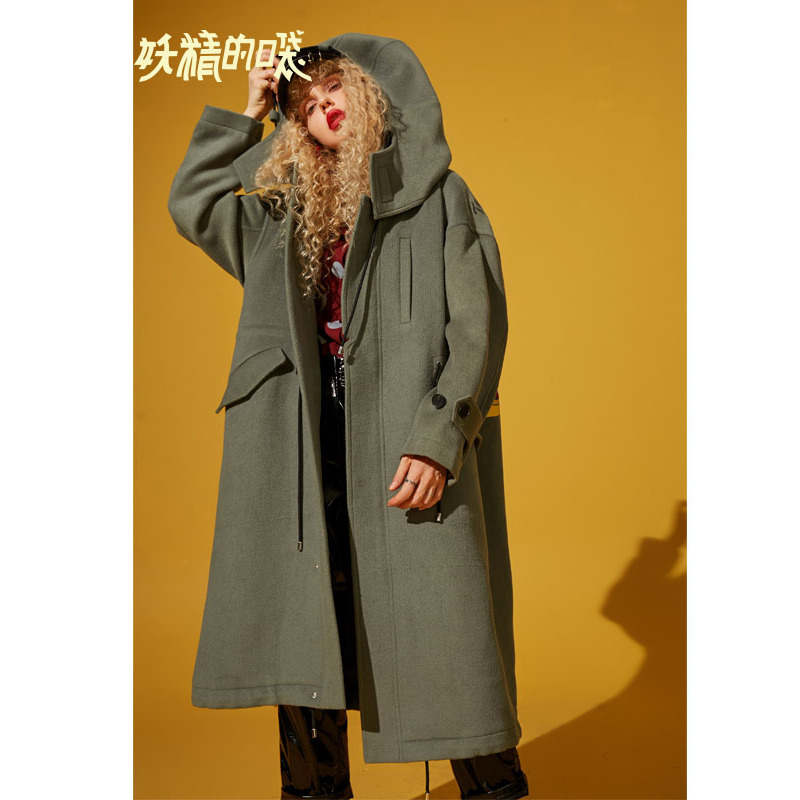 妖精的口袋Y秋冬毛呢外套女连帽中长款韩版冬装呢子大衣R_1