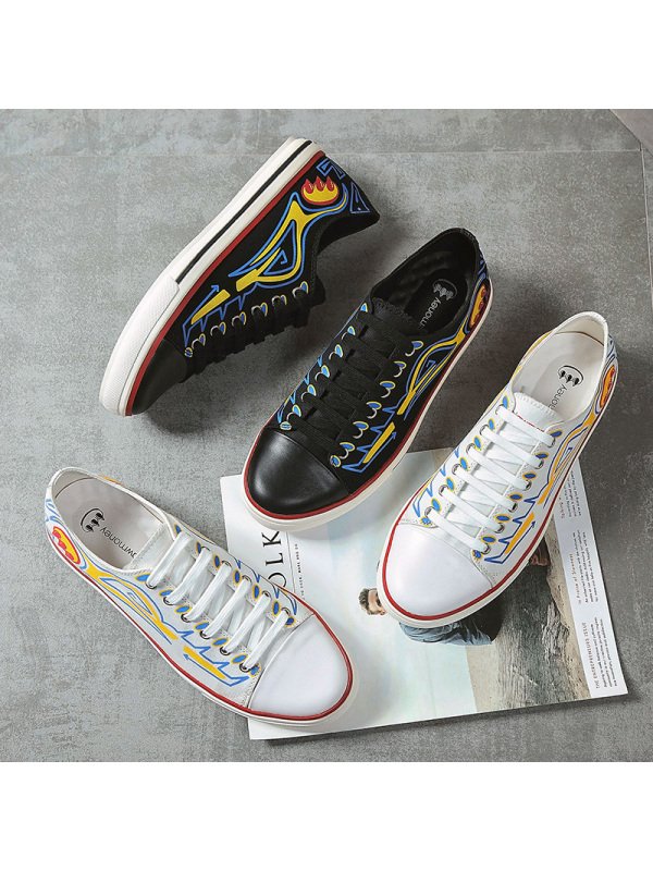 clawmoney涂鸦男鞋夏季潮鞋2018新款帆布鞋男士休闲潮流白色板鞋