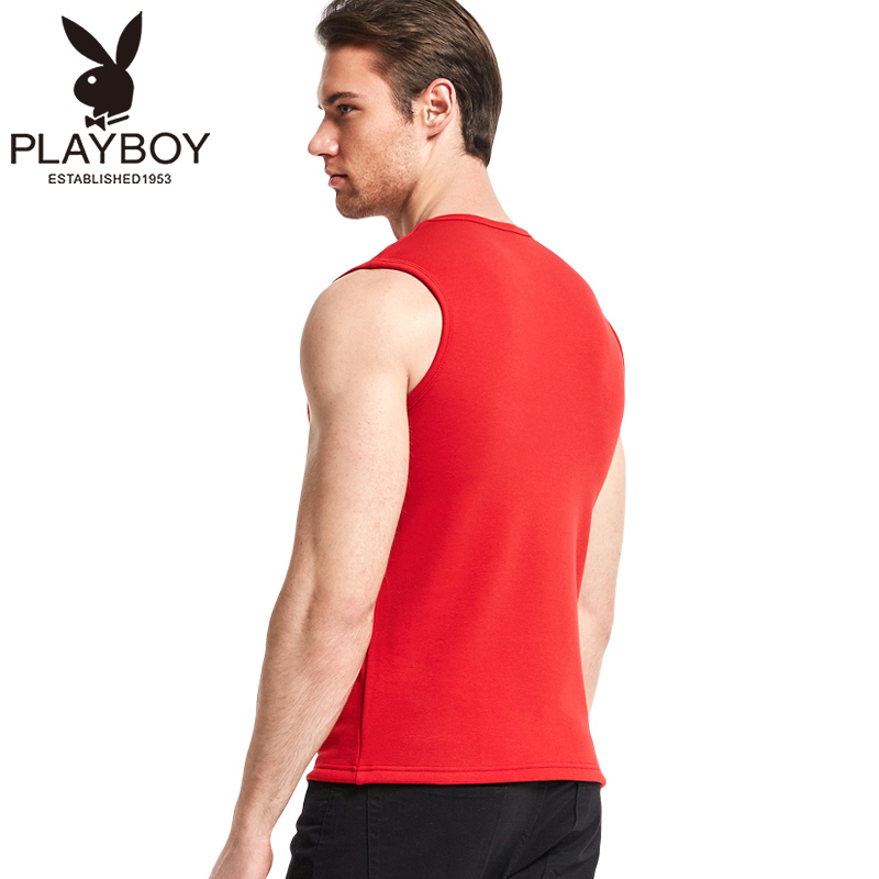 花花公子PLAYBOY男士保暖背心男冬季V领加绒加厚本命年大红结婚运动背心8712