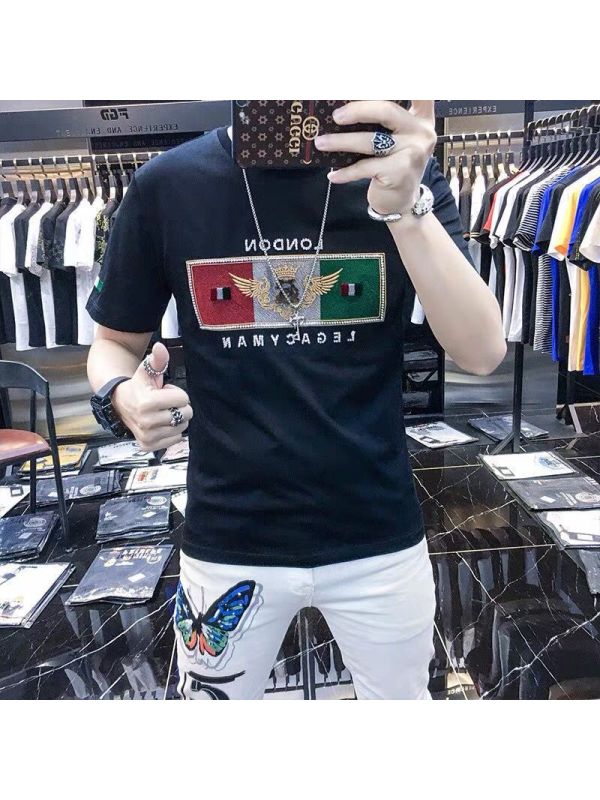 Ceen Bulled2022夏季新款3D数码重工马印花烫钻短袖T恤男丝光棉个性潮流T恤男