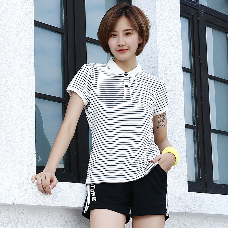 赛琪2019夏季百搭运动polo衫女条纹翻领短袖t恤女子运动跑步休闲上衣