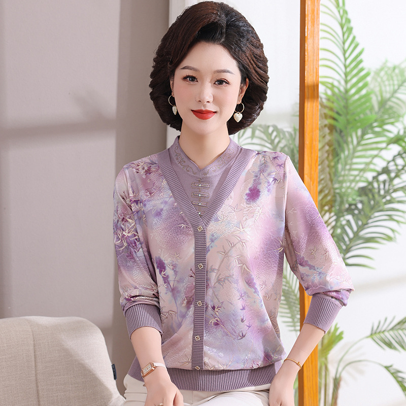 40-60岁妈妈装上衣时尚洋气中老年针织衫春装薄款衣服假两件中年