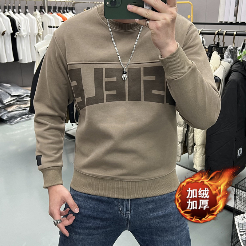 男士打底衫潮流印花字母卫衣秋冬季加绒加厚圆领套头上衣青年内搭