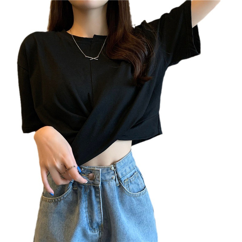 棉质T恤圆领宽松短袖女夏装新款ins小心机白色半袖短款上衣潮
