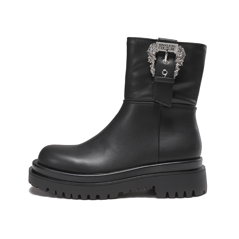 范思哲versacejeanscouture女士pu合成革圆头厚底靴子短靴73va3s