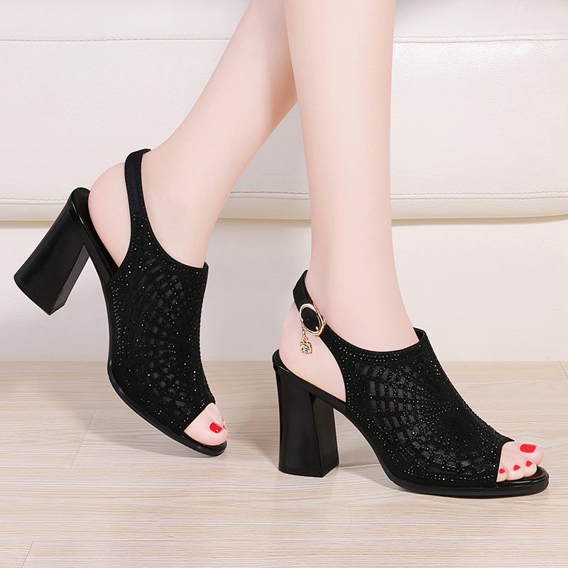 莱卡金顿鱼嘴高跟鞋女粗跟2019夏季韩版百搭休闲女士后绊带凉鞋女鞋子