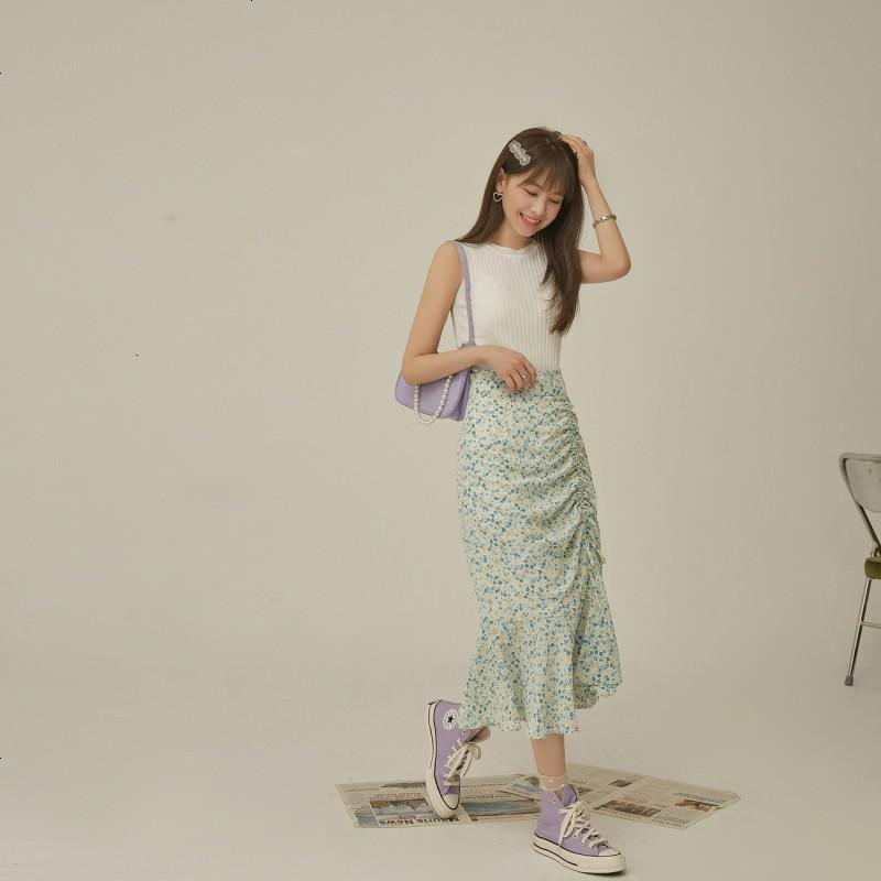 OtherMix拼接褶皱包臀裙2021年夏季新款法式高腰女式碎花半身裙子