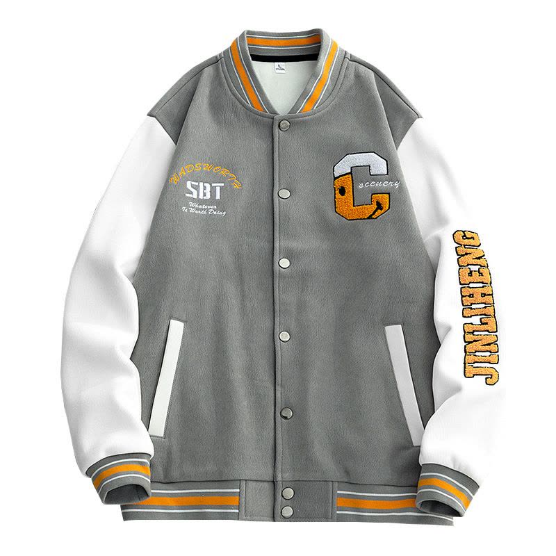 男装秋冬季加绒棒球服韩版开衫排扣立领字母绣花宽松外套图片