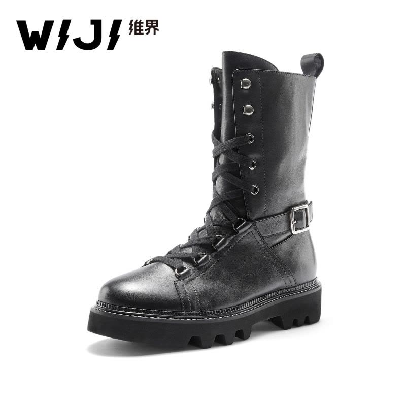 WIJI马丁靴女冬季真皮新款系带时尚女鞋潮流粗跟高筒韩版休闲靴子图片