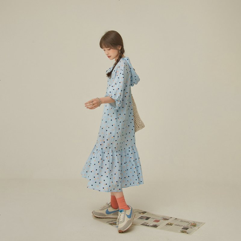 OtherMix日系连帽连衣裙女2021年夏季新款印花小爱心宽松系带裙子