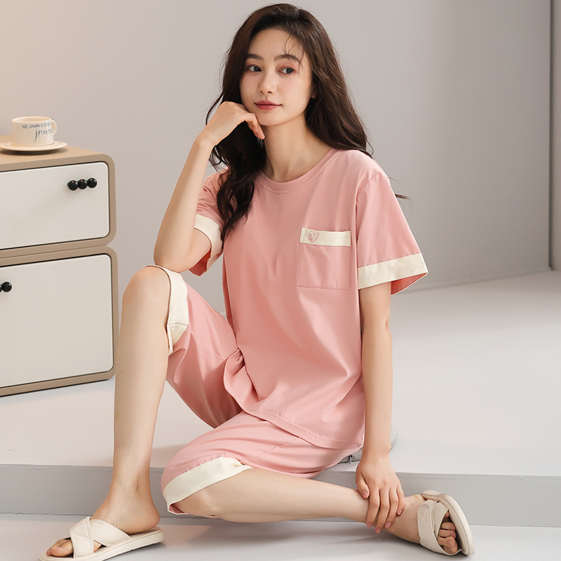 带胸垫睡衣女夏季莫代尔短袖七分裤休闲可外穿薄款大码家居服套装