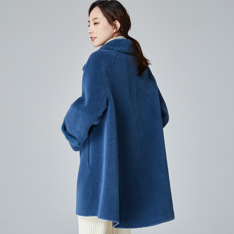 恒源祥翻领颗粒羊剪绒大衣女秋冬中长款a字显瘦仿皮外套含羊毛