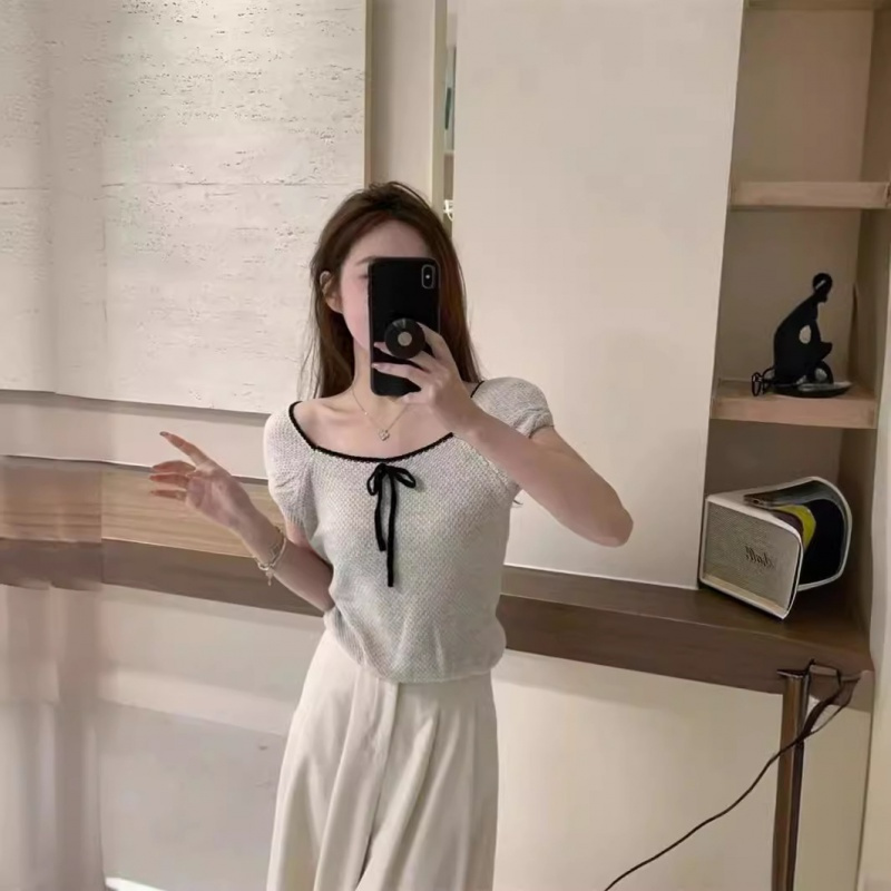 纯欲辣妹减龄蝴蝶结撞色短袖针织T恤女夏季新款显瘦短款上衣
